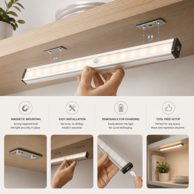 Trådlös LED-lampa med Rörelsesensor 21 cm – Dimbar & Uppladdningsbar